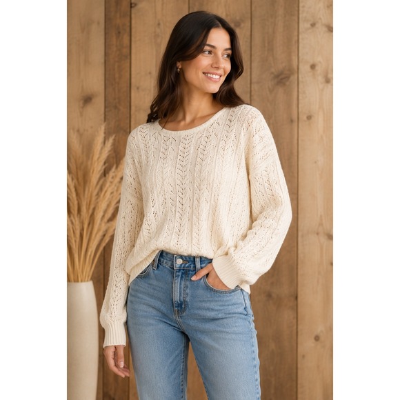 RDI Sweaters - Blu Pepper Cream Pointelle Knit Back Tie Sweater Ivory Chevron Crochet